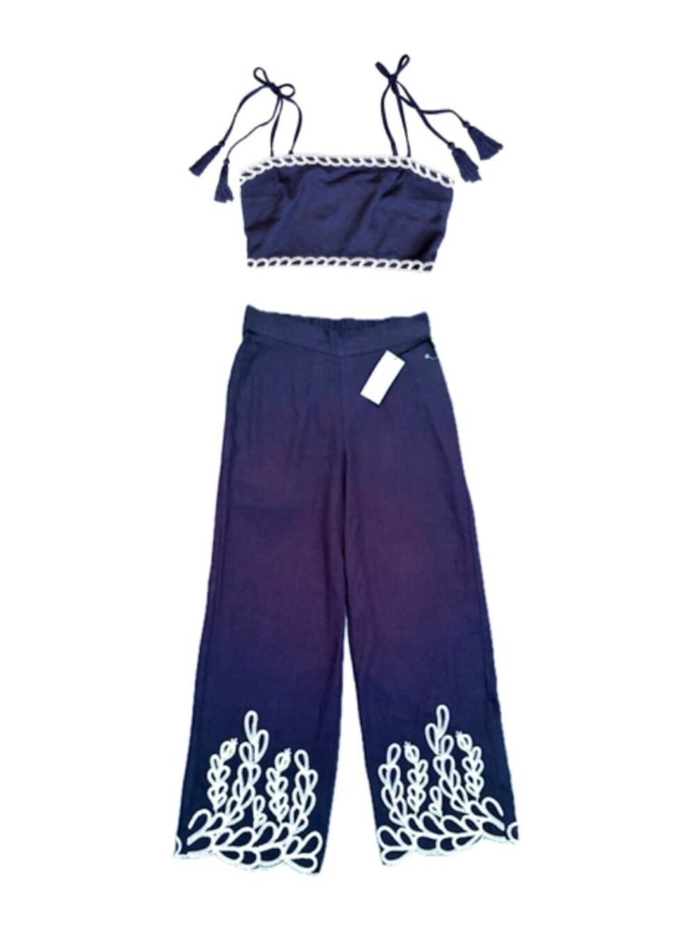 Christian Lacroix Two Piece Set Embroidered Linen Blend Dark Navy Small NWT